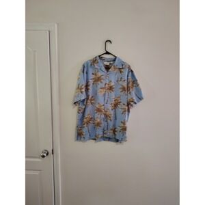 Caribbean Mens XL Blue Palm Tree Tropical Print Cotton Lyocell Camp Shirt